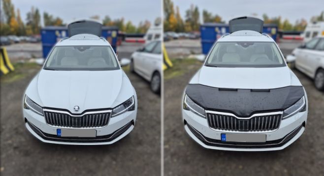 🤩 Foto od spokojeného zákazníka 🤩 Kožený kryt kapoty / deflektor Škoda Superb 3 ochrání kapotu i čelní sklo před...